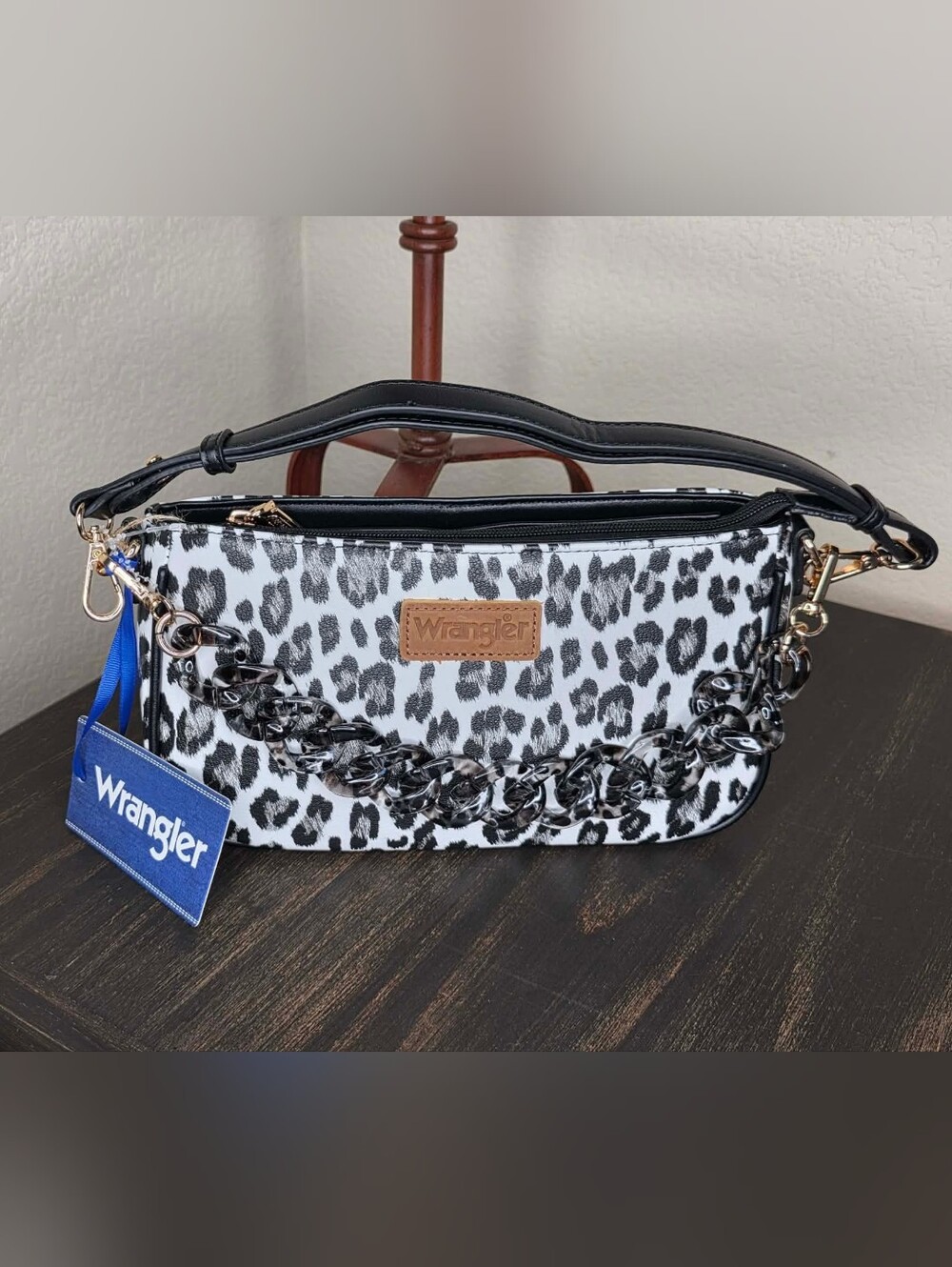 Wrangler Black & White Leopard-Print Shoulder Bag with Chain Accent